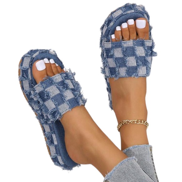 Shoes | Blue Plaid Patterned Fringe Wedge Hell Sandals With Thick ...